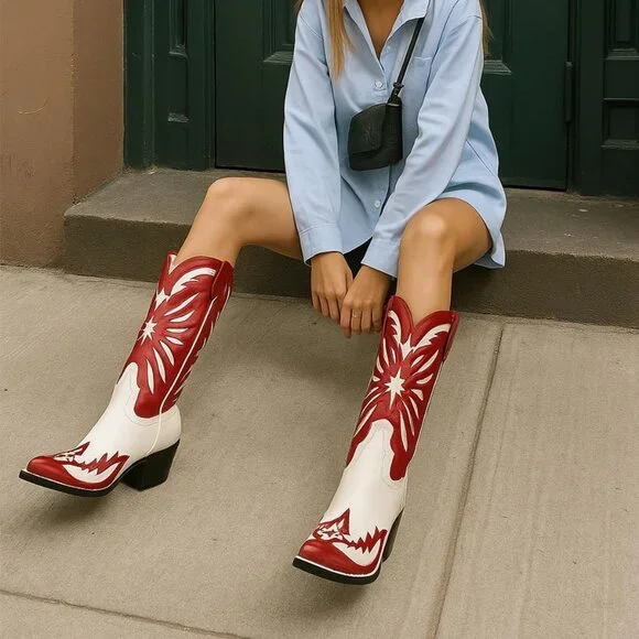 Women's Red Faux Leather Mid Calf Knee High Western Cowgirl Boots Pointed Toe - Picture 6 of 6